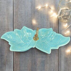 Turquoise Ceramic Dish with White Swirls Double Leaf Tidbit Tray Dish Metal VTG